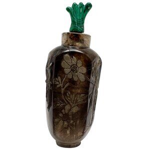 Qing Dynasty Smoky Quartz Crystal Flower Carved Faceted Snuff Bottle READ